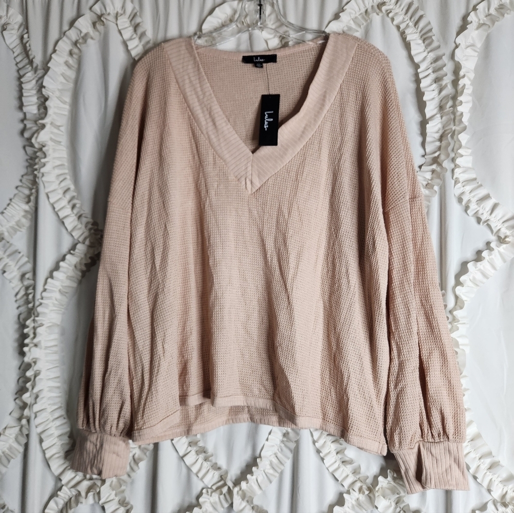 New Lulus Women's Pale Pink Tan Personal Record V-Neck Knit Sweater Sz XL